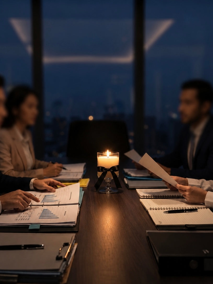 Midnight Roastery scented soy candle glowing in the center of a meeting table during an evening business discussion, creating a calm and sophisticated atmosphere for teamwork, planning, and creative collaboration.