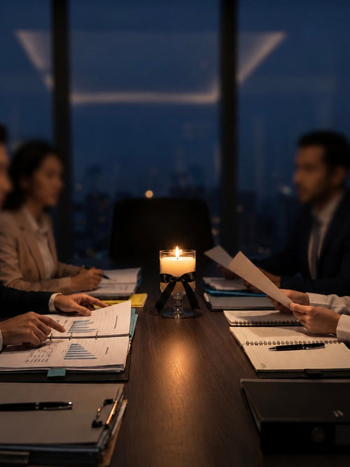 Midnight Roastery scented soy candle glowing in the center of a meeting table during an evening business discussion, creating a calm and sophisticated atmosphere for teamwork, planning, and creative collaboration.
