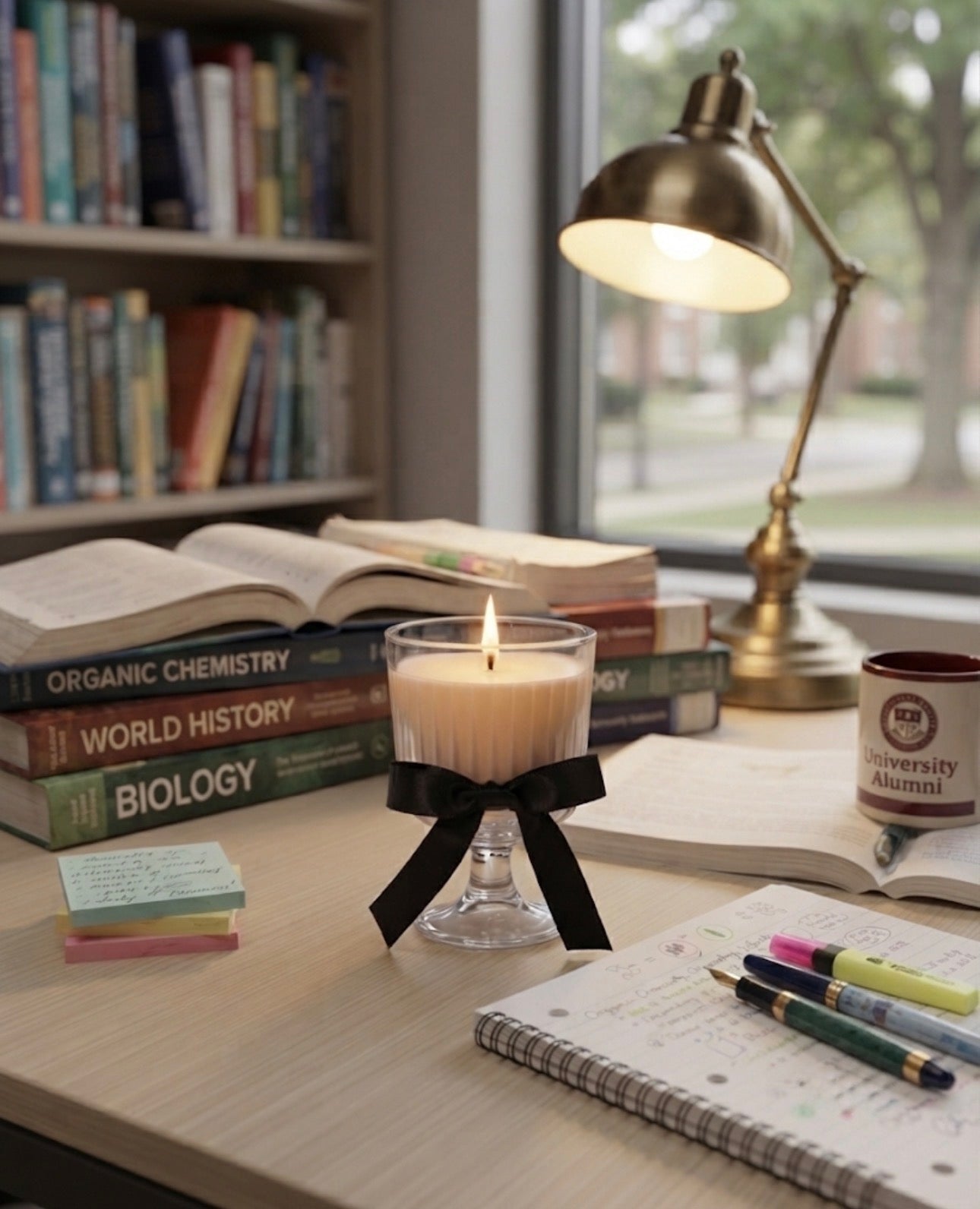Deep Focus soy candle on a study desk surrounded by books, notebooks, and a reading lamp, designed to create a peaceful atmosphere for studying, reading, and creative work.