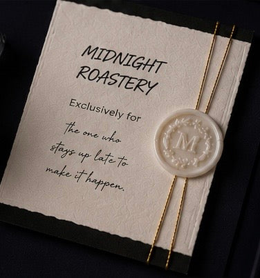 Midnight Roastery scent story card with wax seal included in the premium candle gift set, featuring an inspirational message for late-night creators and coffee lovers.