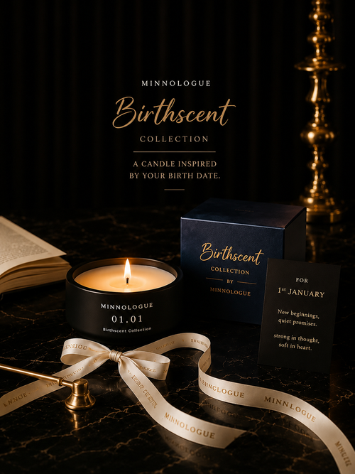 MINNOLOGUE Birthscent Collection personalized birthday candle in an open luxury navy gift box with matte black candle jar and removable lid.