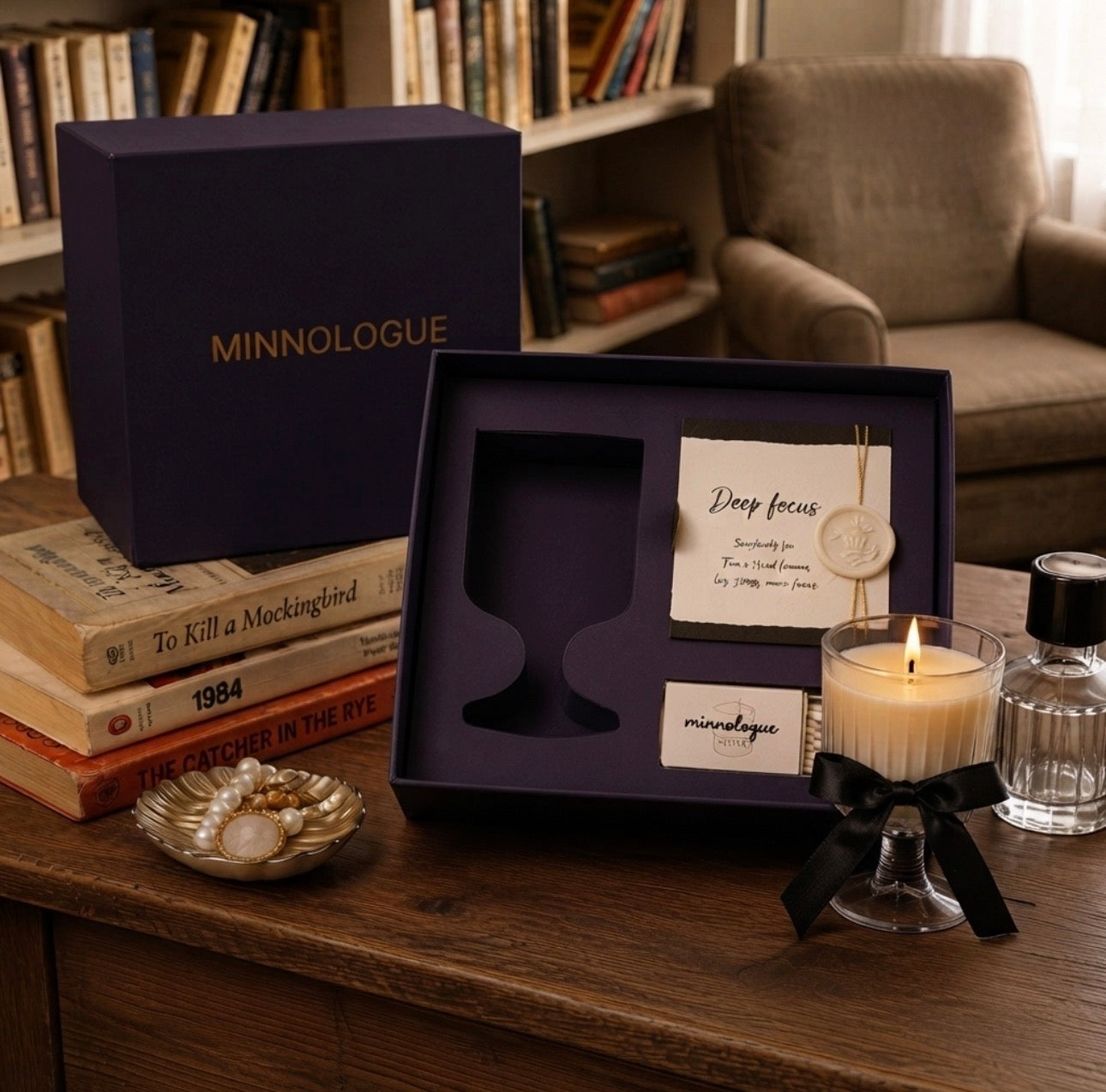 Deep Focus soy candle gift set with luxury navy gift box, matchbox, scent story card, and clean woody fragrance inspired by quiet libraries and focused moments.