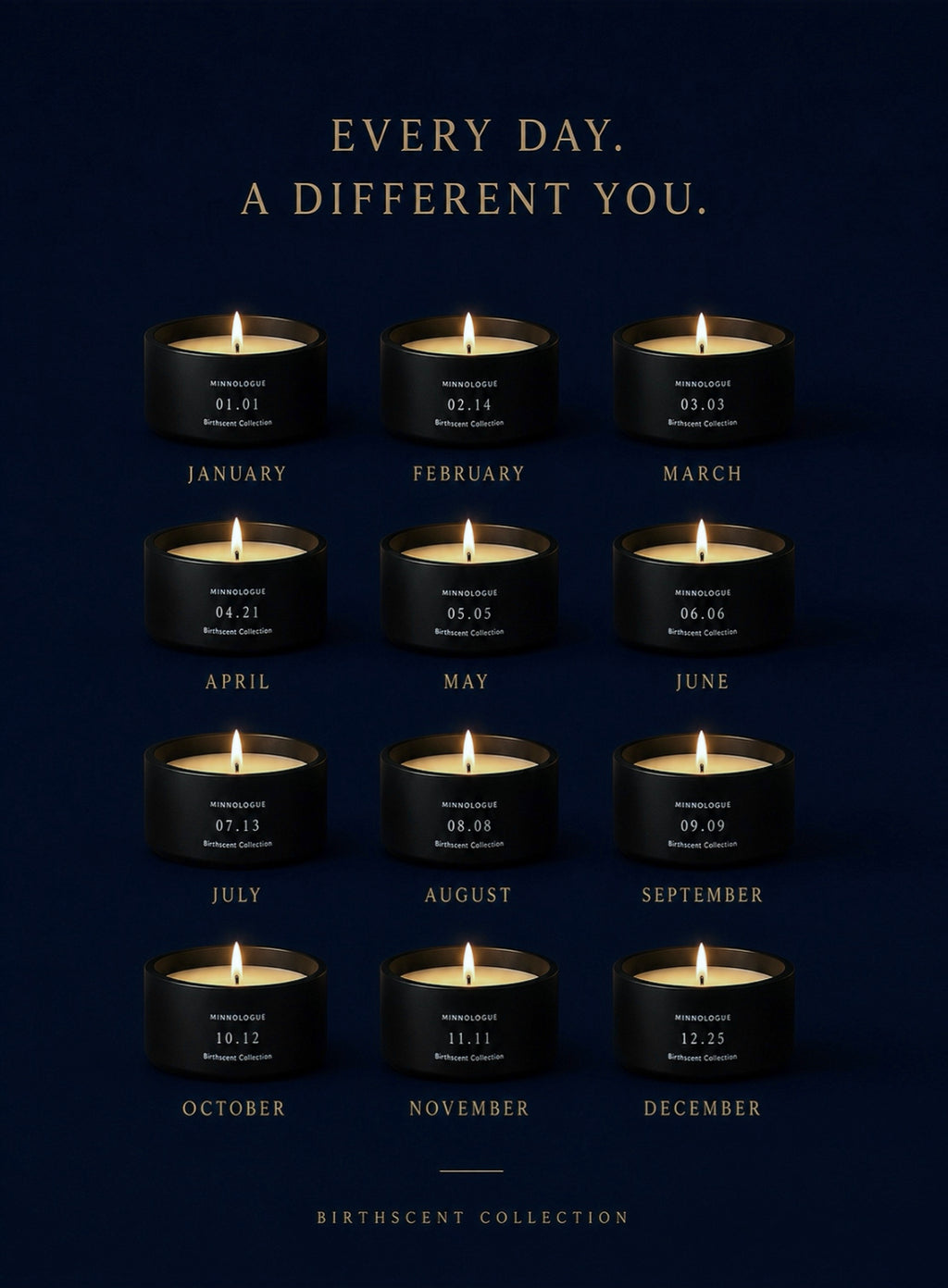 MINNOLOGUE Birthscent Collection personalized birthday candles for every month displayed on a navy blue background.