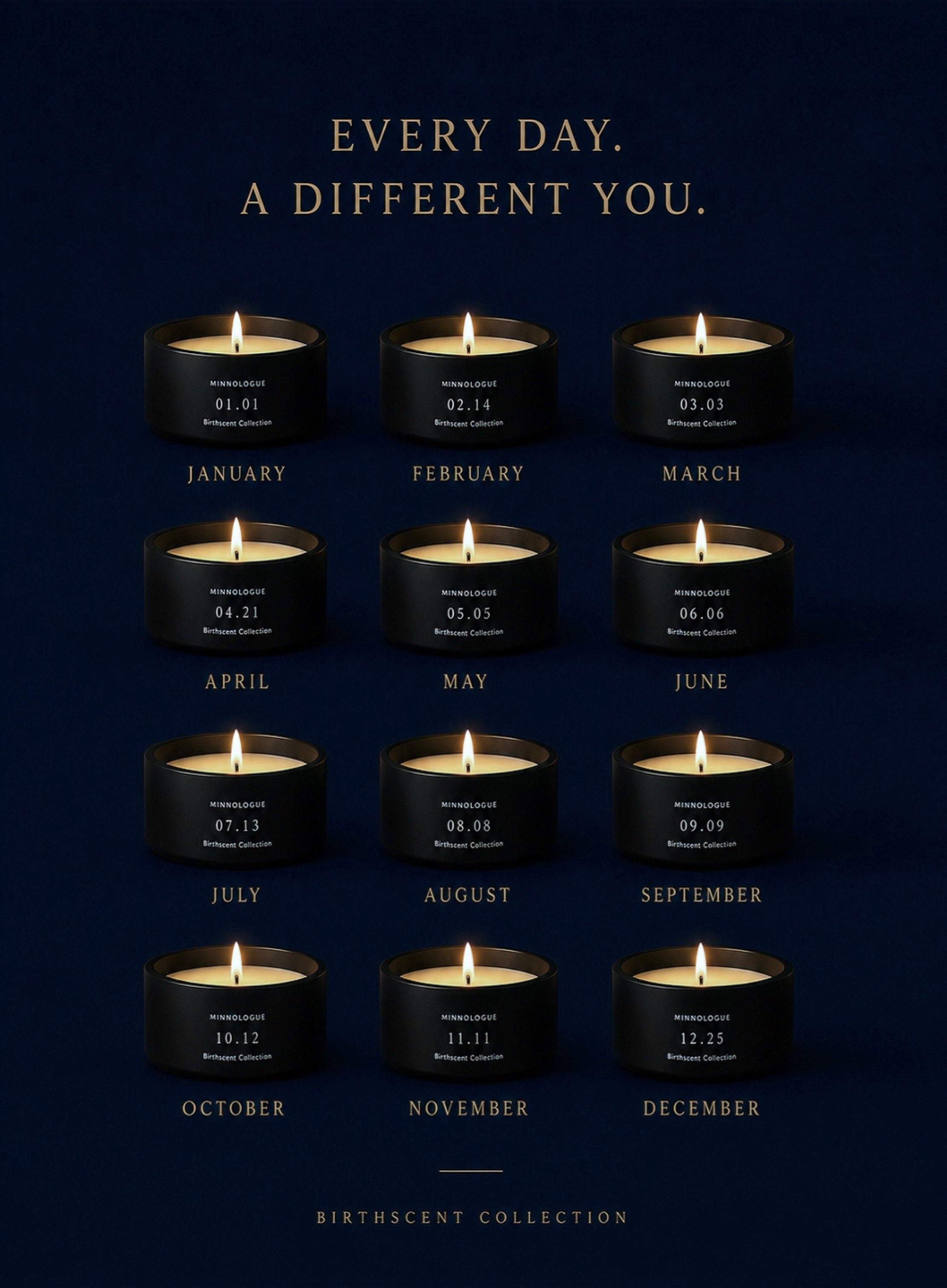MINNOLOGUE Birthscent Collection personalized birthday candles for every month displayed on a navy blue background.