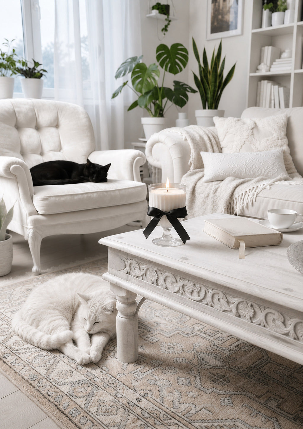 Fluffy Cloud soy candle displayed in a bright Scandinavian-style living room with soft natural light and cozy home decor.