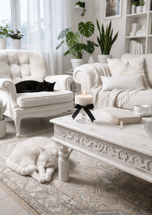 Fluffy Cloud soy candle displayed in a bright Scandinavian-style living room with soft natural light and cozy home decor.