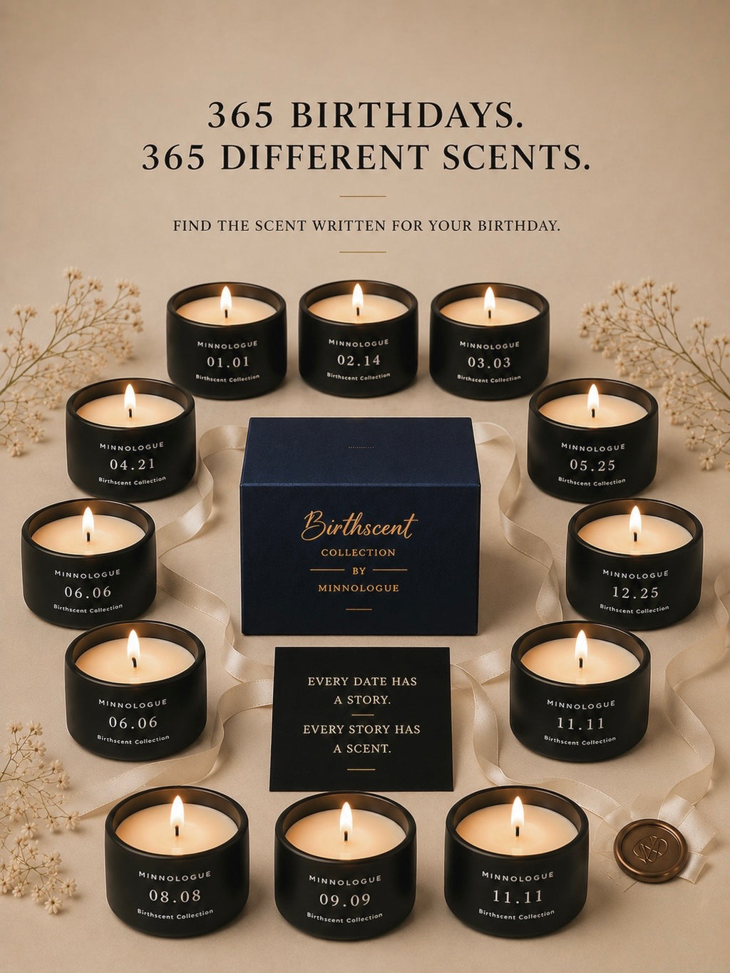 MINNOLOGUE Birthscent Collection personalized birthday candles representing twelve birth months with matte black candle jars.