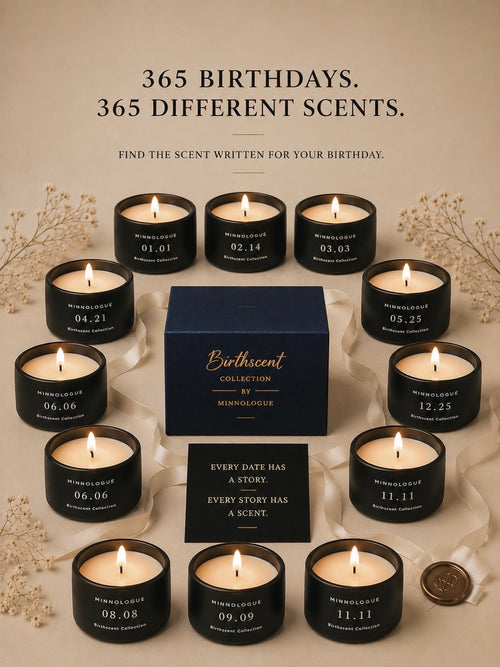 MINNOLOGUE Birthscent Collection personalized birthday candles representing twelve birth months with matte black candle jars.