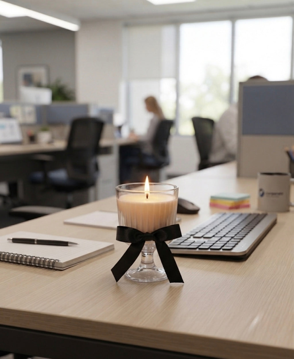 Lit Deep Focus clean woody soy candle on an office desk beside a keyboard and notebook, creating a calm atmosphere for work, concentration, and productivity.