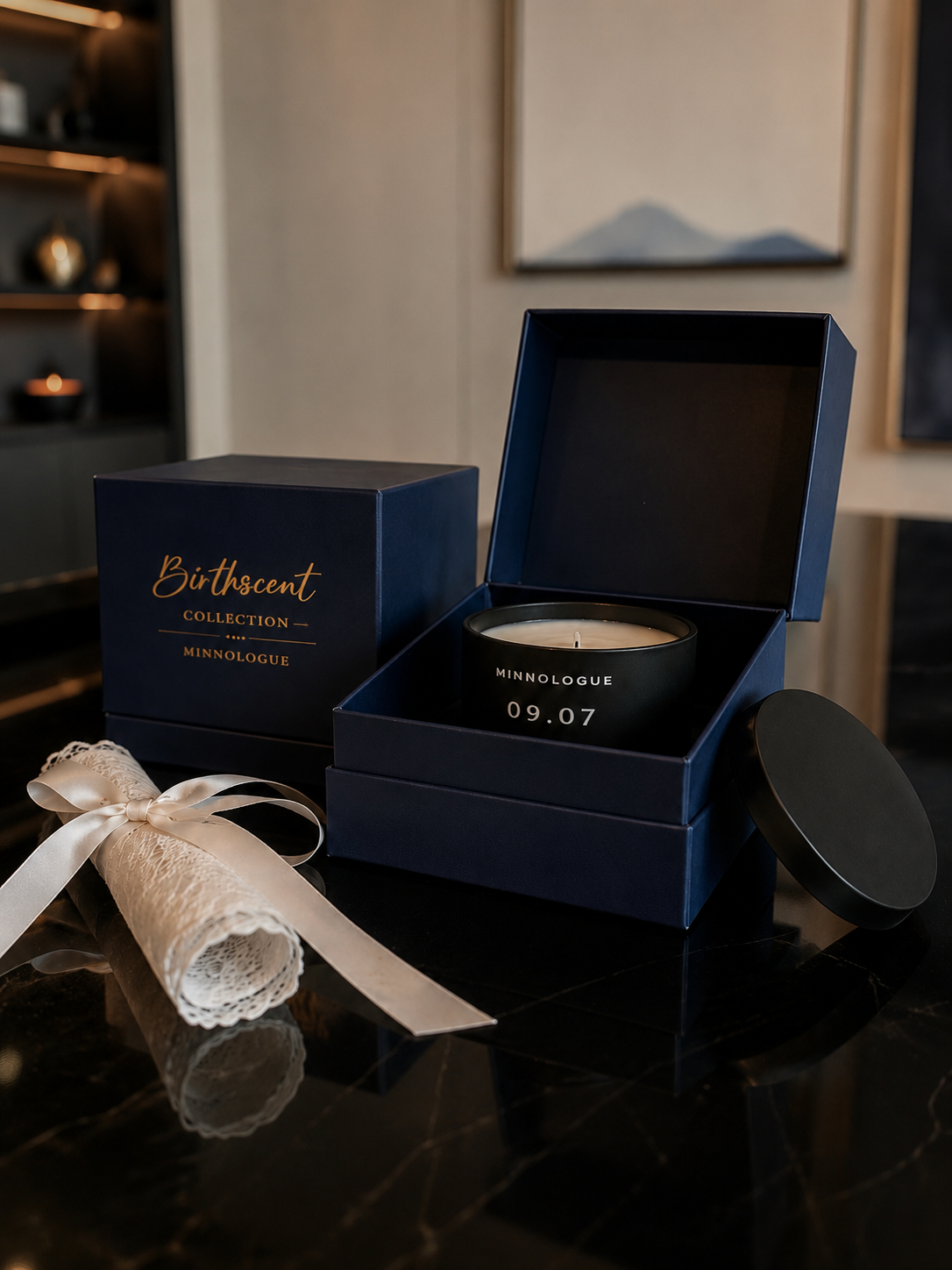 MINNOLOGUE Birthscent Collection luxury birthday candle gift set with open navy gift box, matte black candle jar, candle lid, and keepsake ribbon.