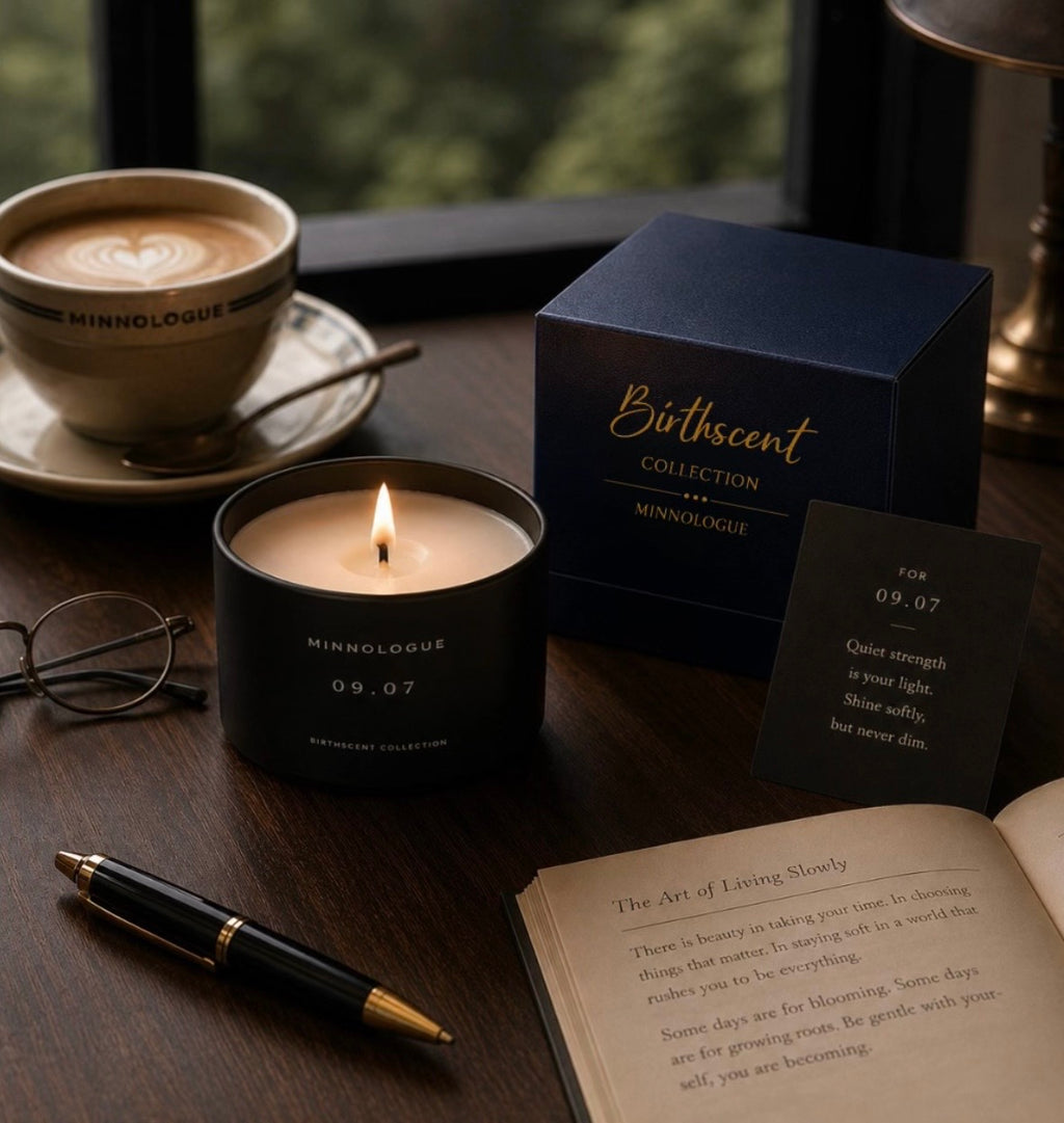MINNOLOGUE Birthscent Collection personalized birthday candle with luxury gift box on a desk beside a book, coffee cup, and stationery.