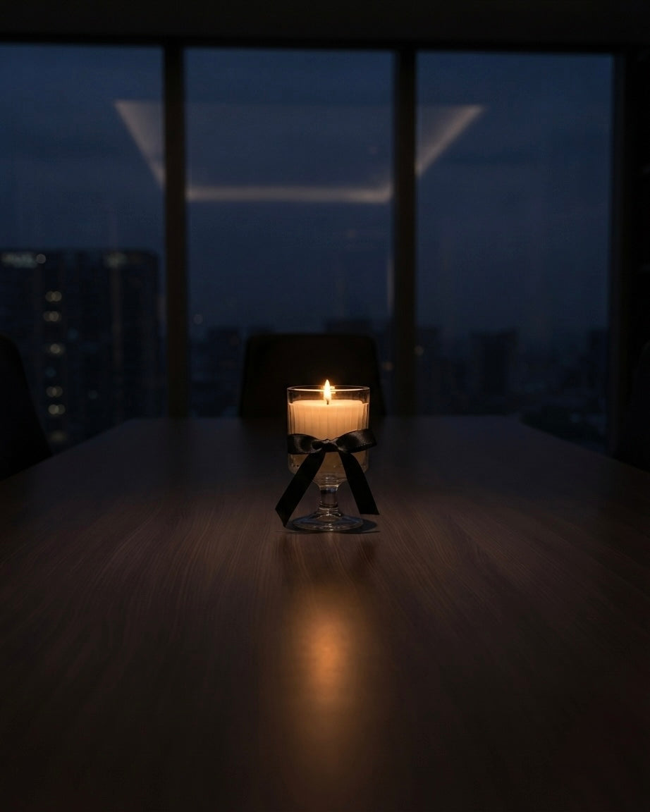 Minimalist Midnight Roastery soy candle burning on a conference table with a city skyline at night, creating a peaceful atmosphere for reflection, focus, and quiet evening work.