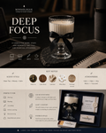 Deep Focus clean woody soy candle infographic featuring White Tea, Cedarwood, Cashmere, White Musk, and Old Paper Accord. Calm scented candle for work, reading, studying, journaling, and productivity.