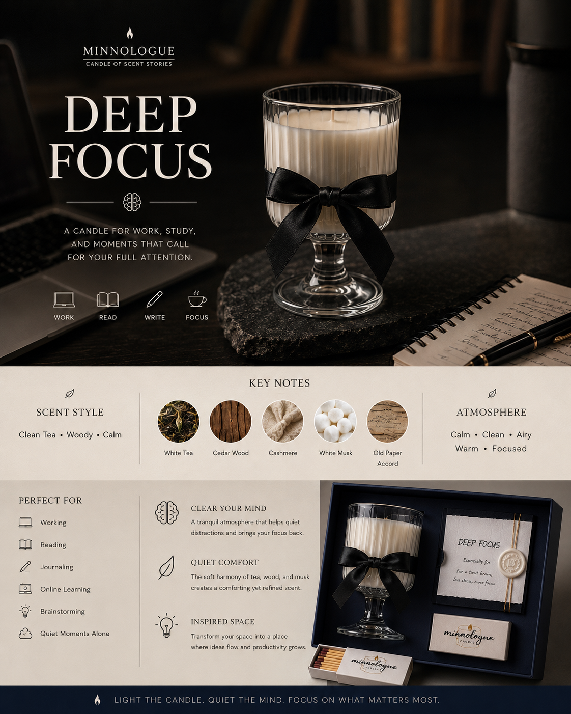 Deep Focus clean woody soy candle infographic featuring White Tea, Cedarwood, Cashmere, White Musk, and Old Paper Accord. Calm scented candle for work, reading, studying, journaling, and productivity.